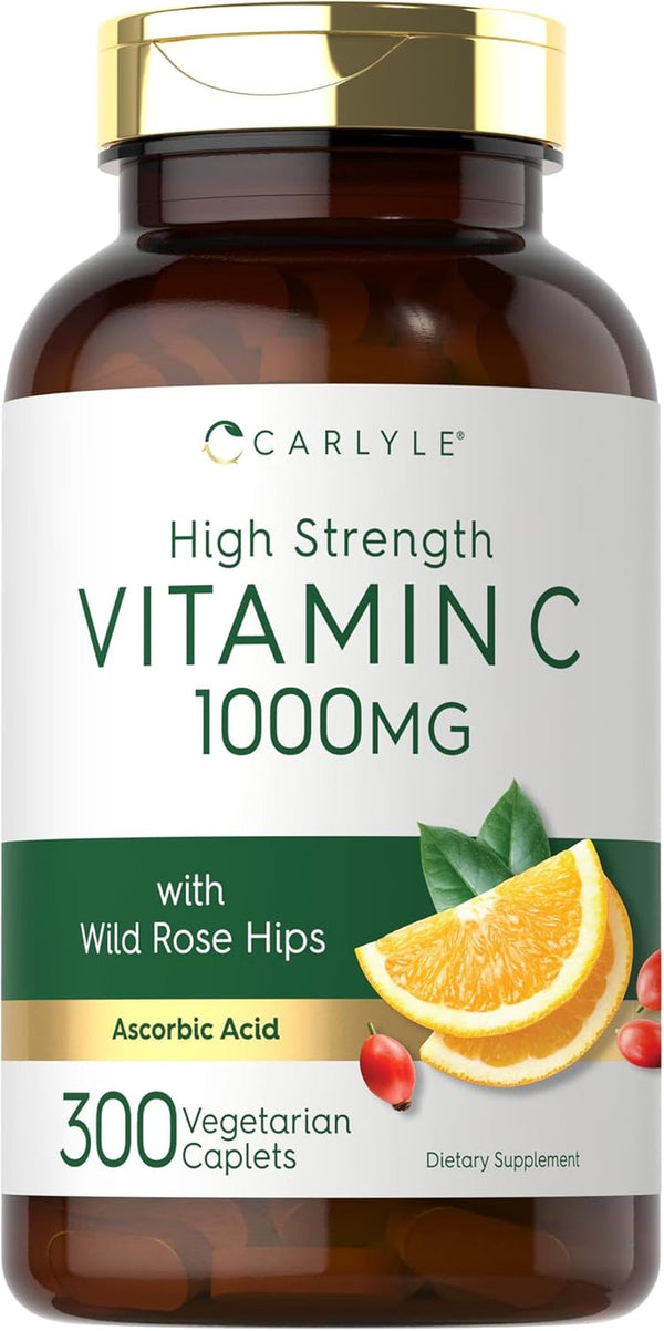 Carlyle Vitamin C 1000Mg | 300 Vegetarian Caplets | Ascorbic Acid with Wild Rose HIPS | High Strength Formula | Non-Gmo and Gluten Free Supplement
