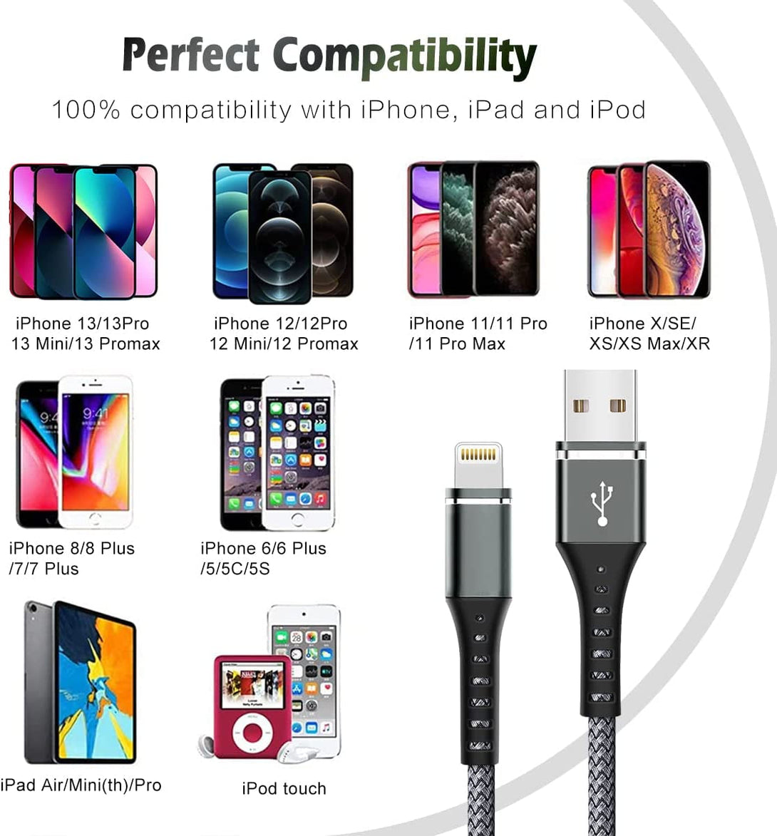 Iphone Charger [Apple Mfi Certified] 3-Pack 6FT Lightning Cable Nylon Braided Fast Charging Iphone Charger Long Cord Compatible with Iphone 14 13 12 11 Pro Max XR XS X 8 7 6 plus SE and More 6FT