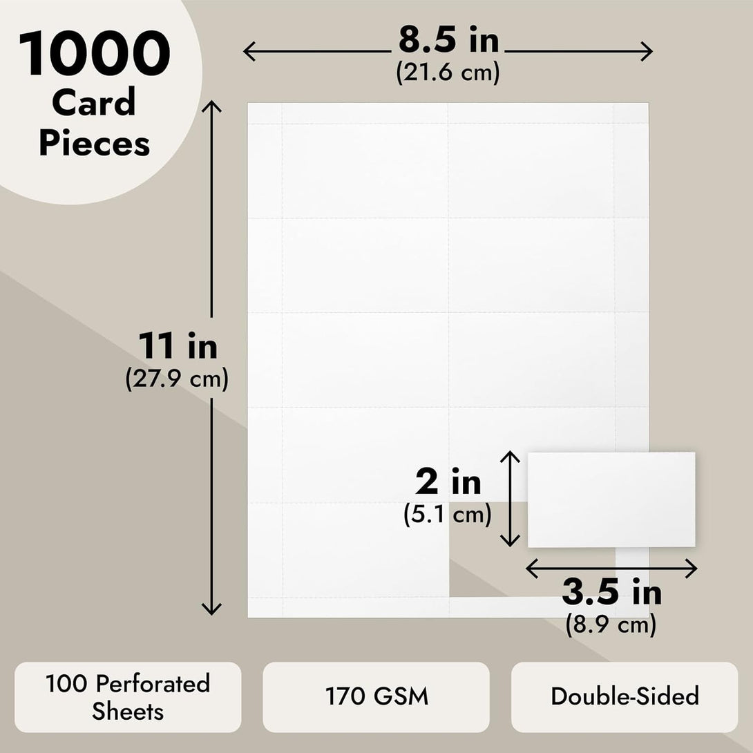 100 Pack Blank Business Card Paper for Printer, Inkjet and Laser Printable Sheets, 1000 Cards, Multi Purpose Office Supplies, 3.5 X 2 In, White