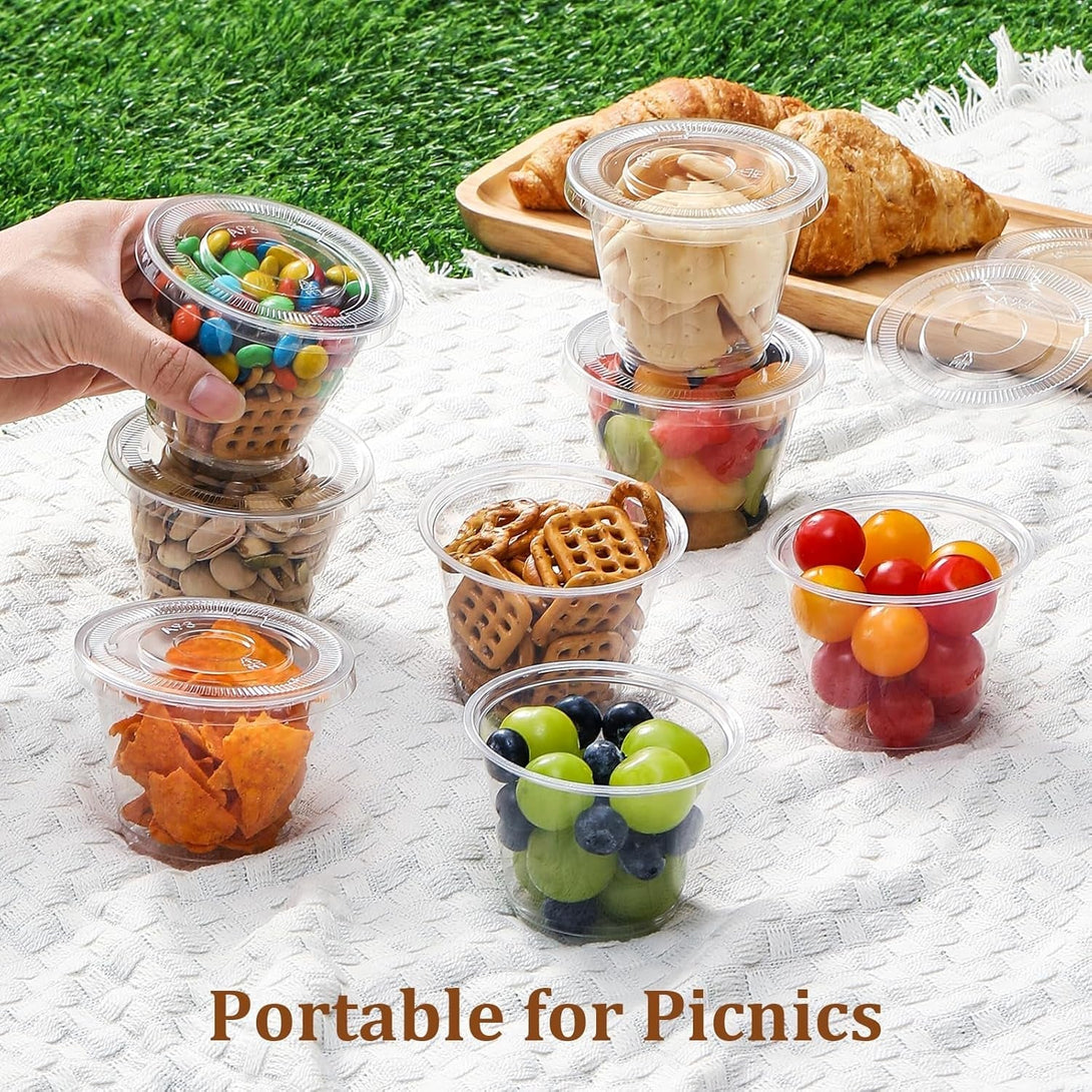 AOZITA [50 Sets, 9 Oz Clear Plastic Cups with Flat Lids No Hole, Disposable Cups with Lids for Ice Cream, Pudding, Cake, Snacks Smoothie, Milkshake, Cold Drinks