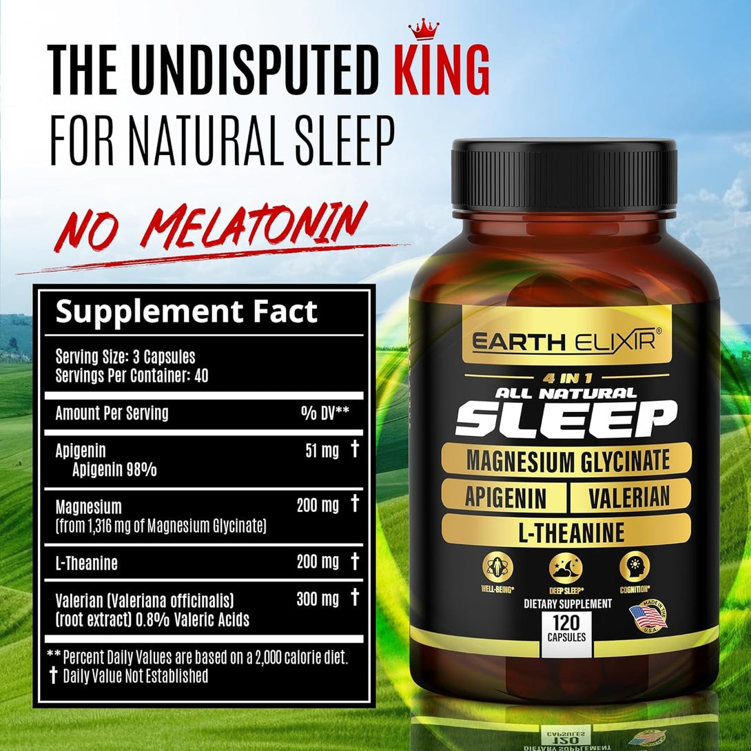 4-In-1 Sleep Aid (120 Caps) W/Apigenin 50Mg, Magnesium Glycinate 200Mg, L Theanine 200Mg & Valerian Root for Sleep Aid 300Mg | Apigenin Supplement for Sleep | Sleeping Pills