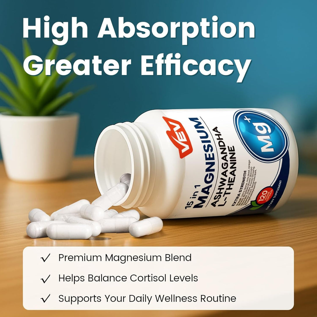 VEV Magnesium Glycinate & Citrate Cortisol Supplements for Women, Stress and Sleep Support with Ashwagandha & L-Theanine, Cortisol Manager, 120 Vegan Capsules