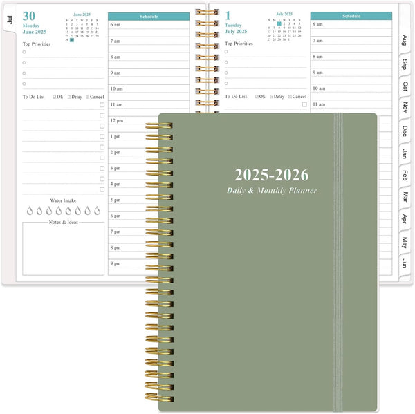 2025-2026 Daily & Monthly Planner - One Page per Day, Daily Planner 2025-2026 from Jul 2025 to Jun 2026, Planner 25-26 with 12 Monthly Tabs, 6.4" X 8.5", Green