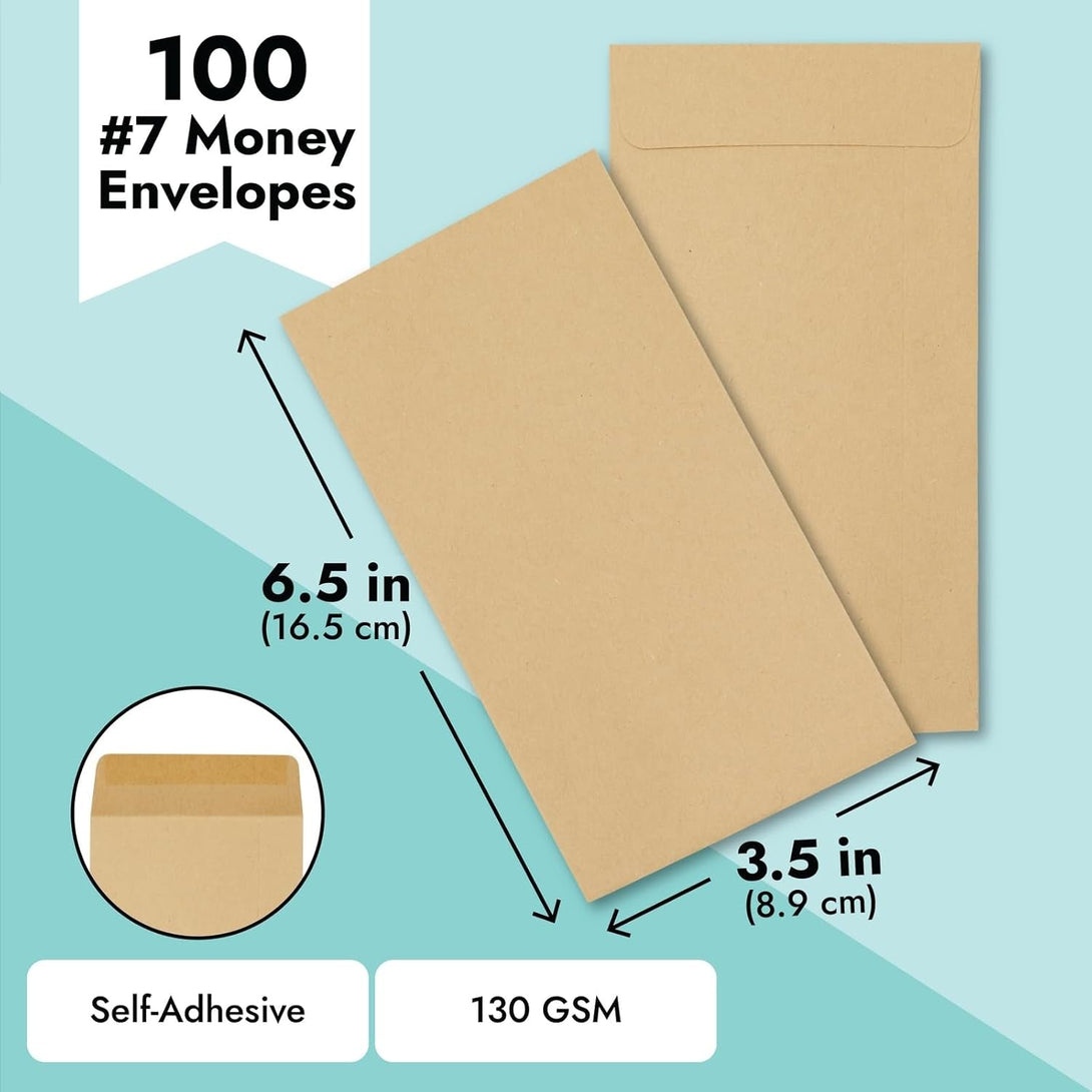100 Pack Brown #7 Small Money Envelopes for Cash, 3.5 X 6.5 Inch Budgeting, Banks, Money Saving Challenges, Currency Envelopes for Coins, Budget Planning, 130 GSM