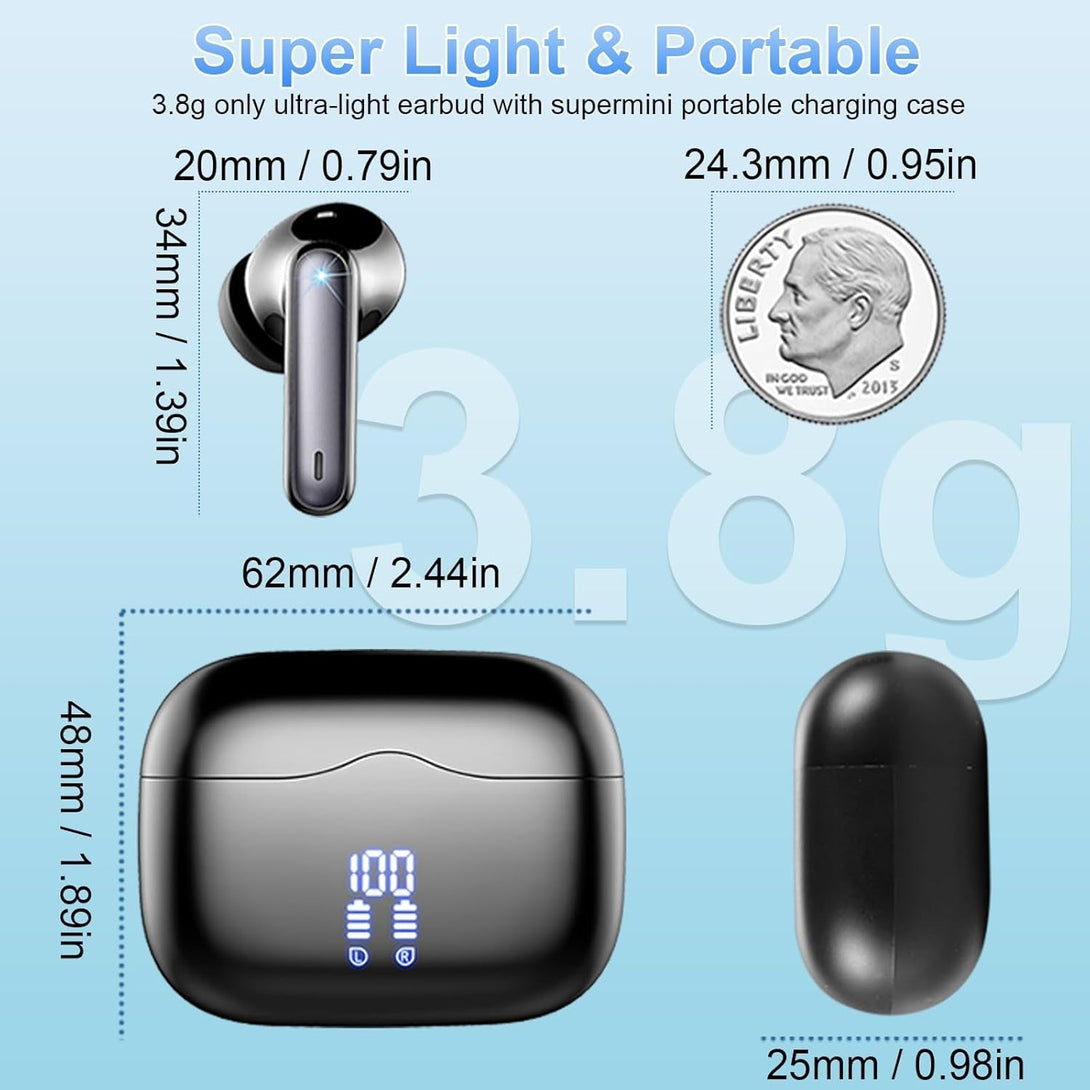 Wireless Earbud, Bluetooth 5.3 Headphones HIFI Immersive Sound with 4 HD Microphone, 40H Playtime, IP7 Waterproof, Easy Control Earphones with Light Weight USB-C Charging Case for Android IOS Workout