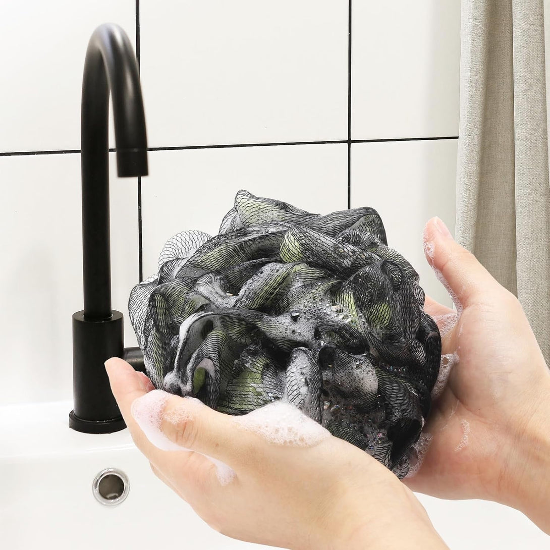Loofah Bath and Shower Sponge Pouf, Mesh Brush Ball Exfoliating Body Scrubber Ball Pack of 4 (60G/Pcs)