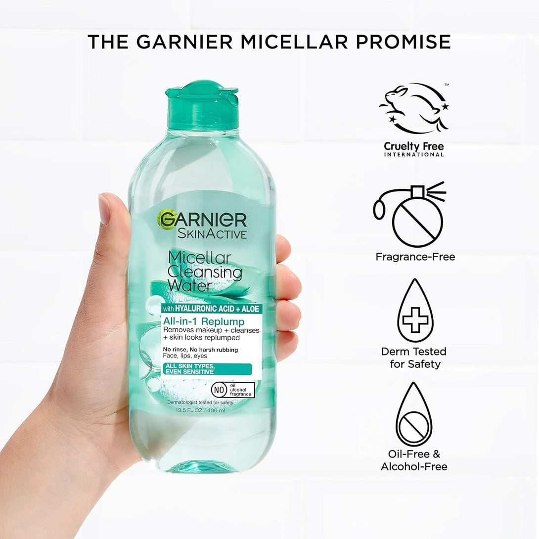 Garnier Micellar Water with Hyaluronic Acid, Facial Cleanser & Makeup Remover, Hydrating and Plumping, for All Skin Types, Vegan, Cruelty Free, 13.5 Fl Oz (400Ml), 2 Count