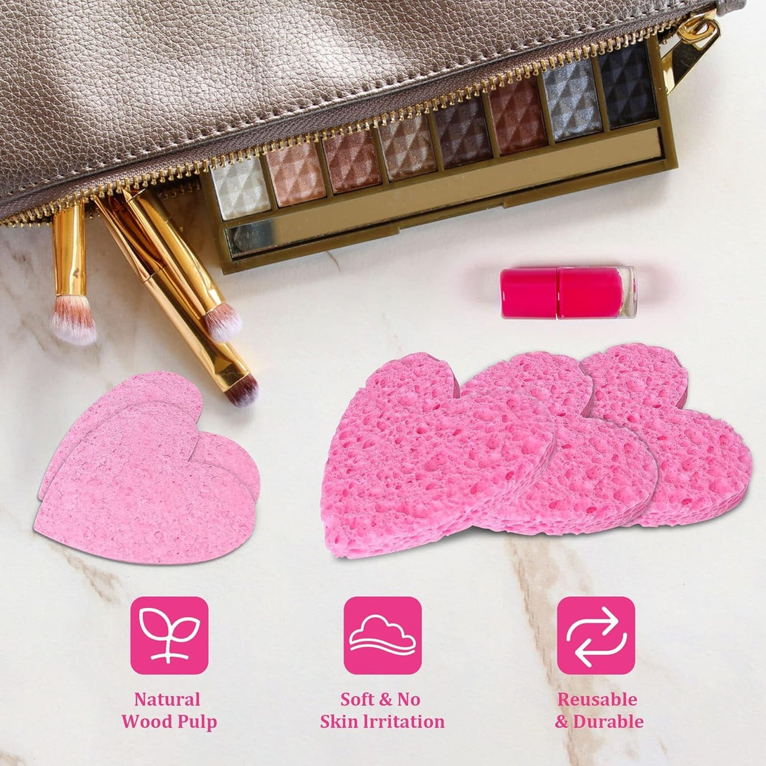 50-Count Kickleen Compressed Cellulose Heart Shape Facial Sponges | Natural Cosmetic Spa Sponges for Facial Cleansing | Exfoliating | Makeup Mask Removal | Reusable | Skin Massage (50 Count (Pink))