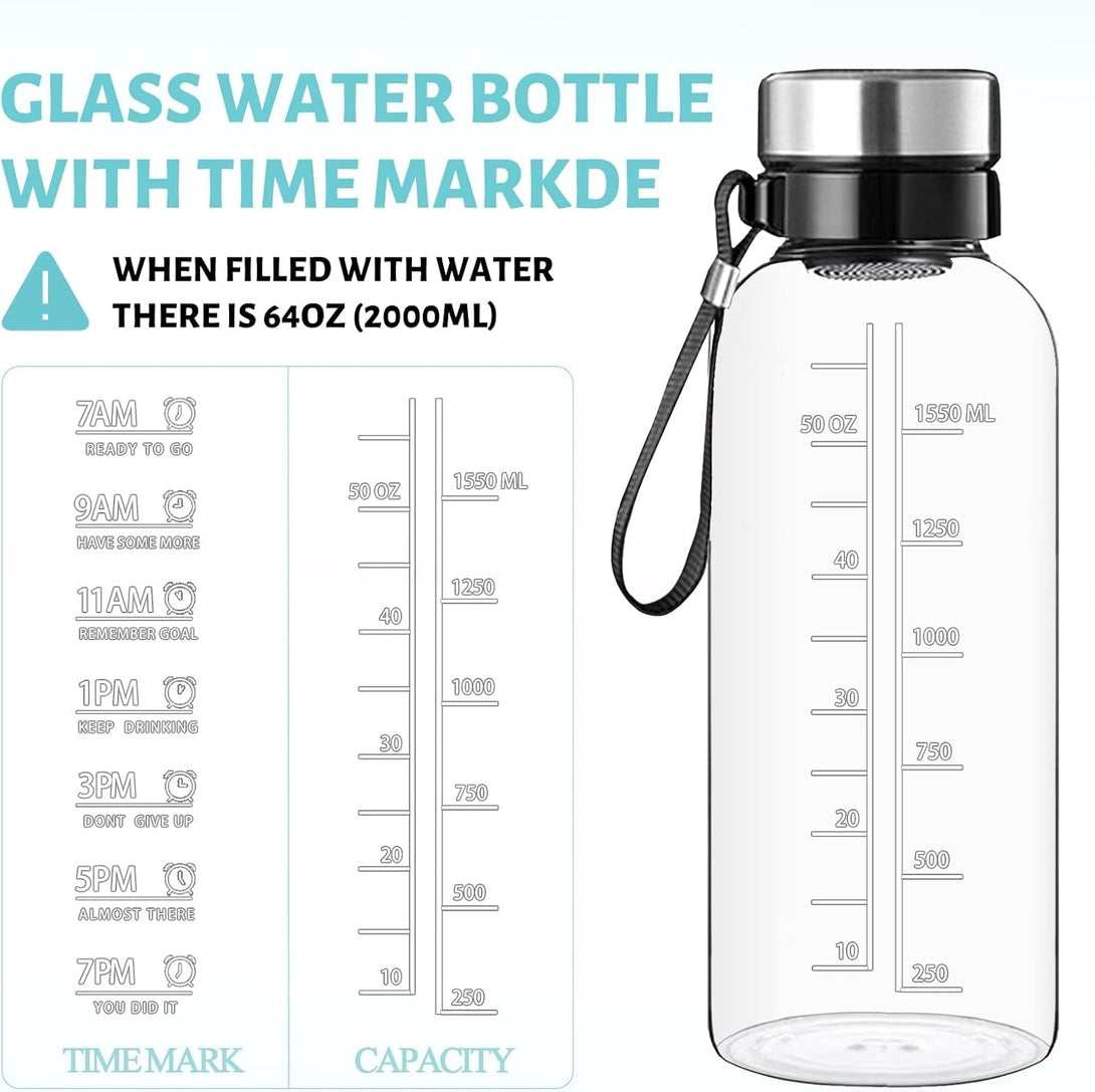64 OZ Glass Water Bottle - Large Resuable Borosilicate Wide Mouth Glass Drinking Bottles with Time Mark, Sleeve, BPA Free