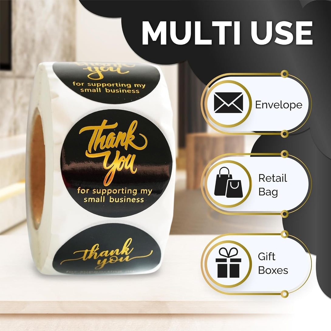 500 Pcs 2 Inch Thank You Stickers for Small Business – Black Waterproof Self-Adhesive Labels with 4 Elegant Designs – Durable Envelope Seals for Packaging, Gift Bags, Boxes & Orders