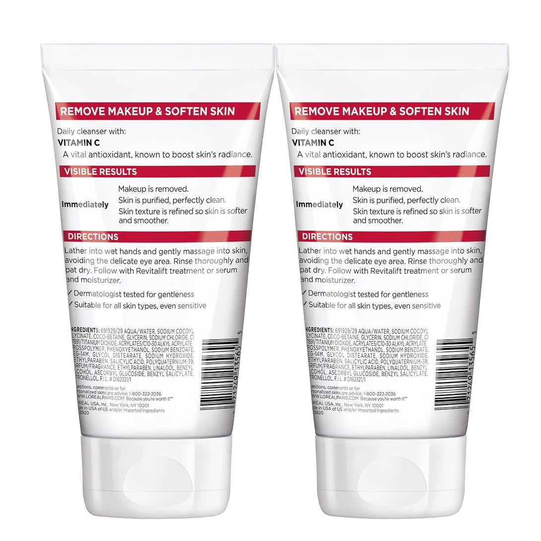 L'Oreal Paris Revitalift Daily Cream Cleanser, Gentle Makeup Remover Face Wash with Vitamin C 5 Fl. Oz (Pack of 2)