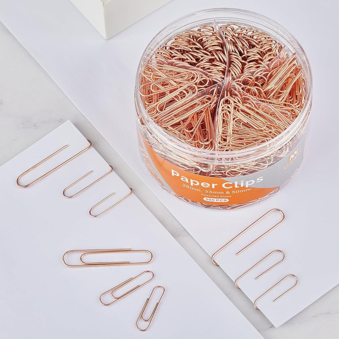 500Pcs Rose Gold Paper Clips Assorted Sizes Small, Medium and Large Paperclips for Paperwork Ideal for Home, School and Office Use