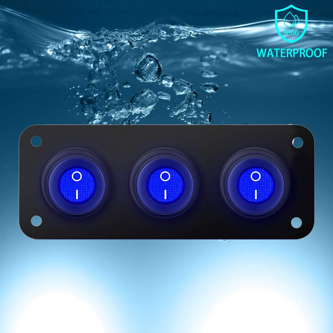 3 Gang 12V 20 Amp Toggle Rocker Switch Panel LED Breaker Waterproof Widely Fits for Auto Automotive Lights Car Marine Boat Yacht, Trailer, Caravan, Camper, Bus, Tractor, Jeep, Truck Vehicles & More