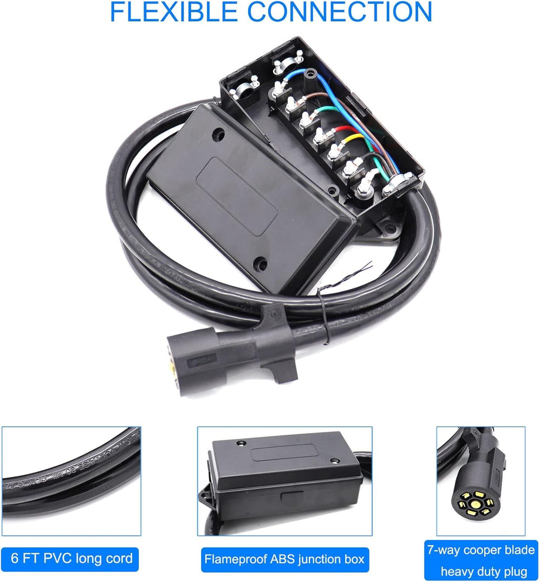 6 Foot 7 Pin Trailer Plug Wiring Harness 7 Way RV Trailer Cord Wire with 7 Gang Waterproof Junction Box