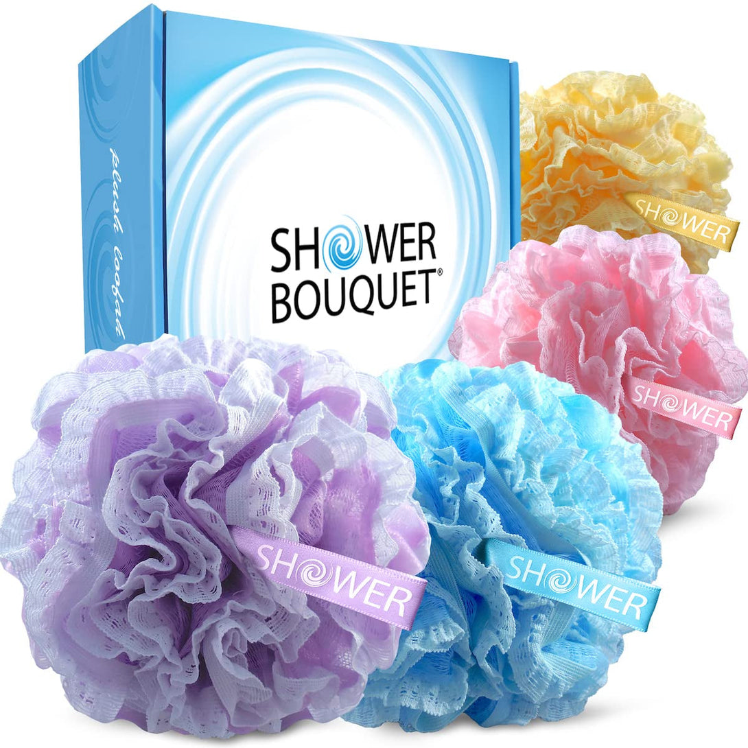 Loofah-Bath-Sponge Lace-Mesh-Set // 2-Scrubs-In-1 by Shower Bouquet/Large Full 60G Pouf (4 Pack Spa Colors) Body Luffa Loofa Loufa Puff - Exfoliate, Cleanse Skin with Luxurious Bathing Accessories