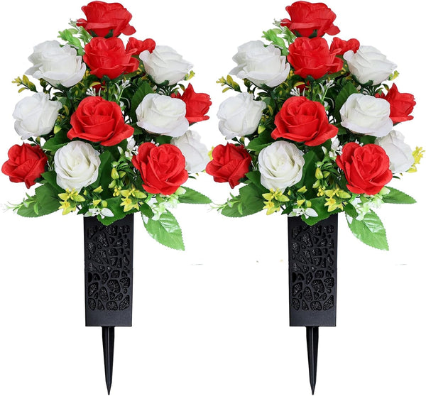 2 Sets Artificial Cemetery Flowers,Memorial Flowers,Beautiful Arrangements for Headstones,Black Plastic Vase with Drainage Hole Long Spikes Outdoor Memorials (Red and White)â€¦