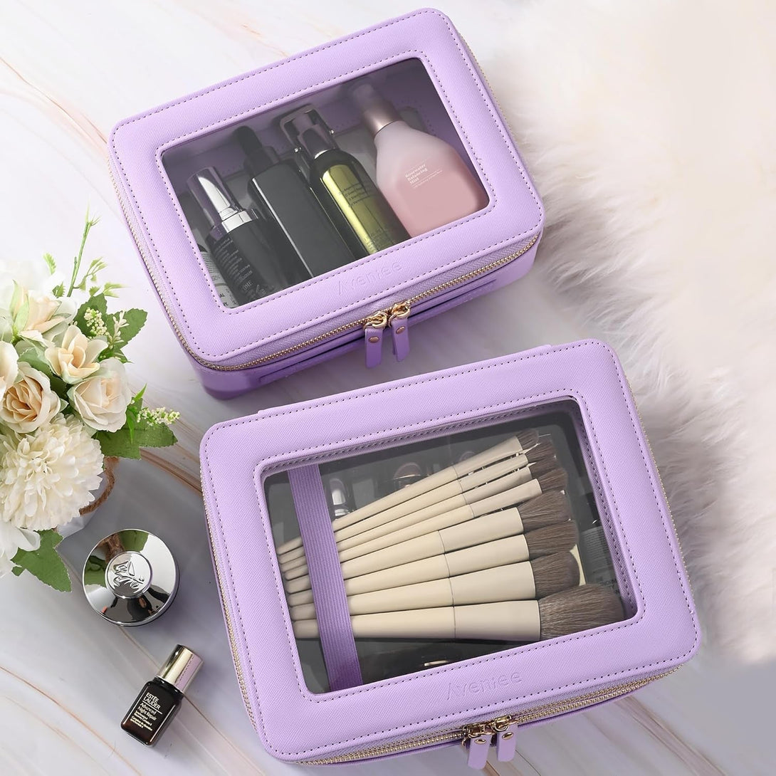 Aveniee Clear Makeup Bags, Double Layer Cosmetic Bags with a Separate Brush Compartment, Large Travel Toiletry Bag Train Case for Women, Travel Accessories Organizer(2 Layers Large, Lilac)