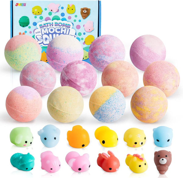 JOYIN Big Bath Bombs for Kids with Mochi Squishy Toy, 12 Pack Bubble Bath Bombs with Surprise Toy Inside, Natural Essential Oil SPA Bath Fizzies Set, Party Favors for Boys Girls Birthday Gifts