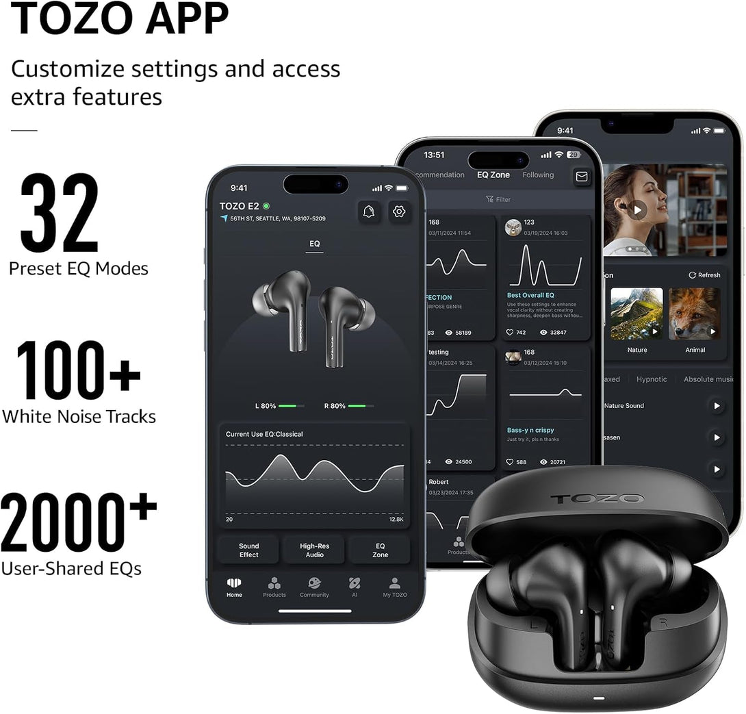 TOZO E2 Wireless Earbuds 10Mm Drivers with Powerful Bass, App Customize 32 Eqs, with 2 Mics AI Call Noise Cancellation, 30H Playtime, Bluetooth 5.3 Ear Buds, Comfort Fit In-Ear Headphones