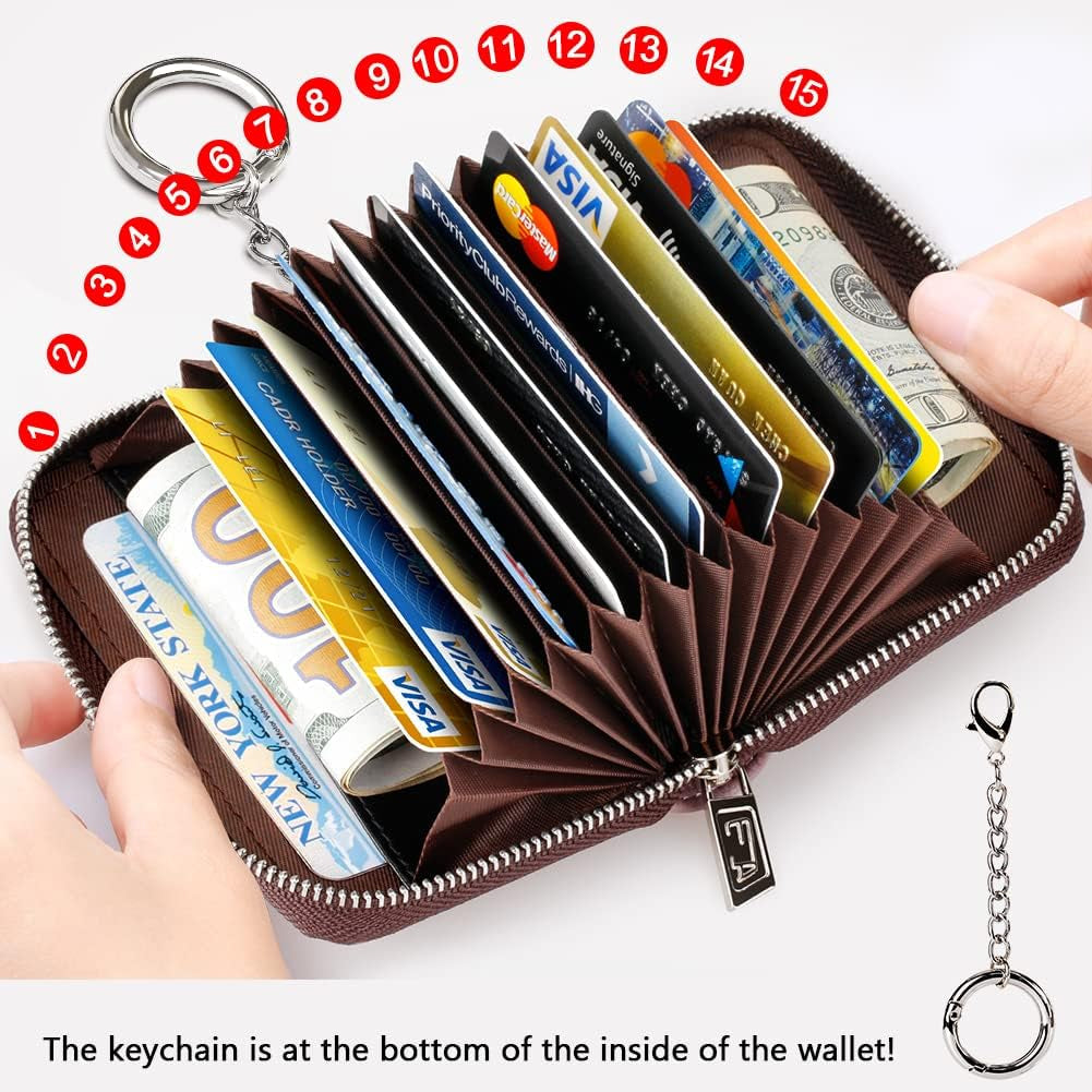 Furart Credit Card Wallet, Zipper Business Card Holder for Women, RFID Blocking, Keychain Wallet, Compact Size
