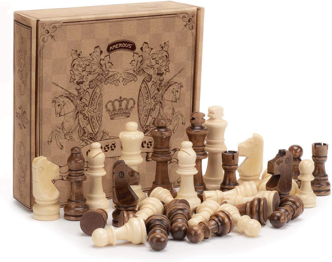 AMEROUS Wooden Chess Pieces Only, Staunton Style Wood Chessmen with 3.15" King - Storage Bag - Gift Packed Box, Tournament Chess Game Pawns for Replacement of Missing Pieces