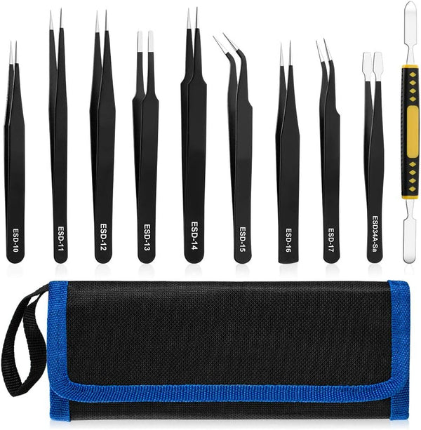 10 PCS Precision Tweezers Set, Stainless Steel ESD Anti-Static Tweezers Kit for Electronics Soldering, Jewelry-Making, Laboratory & Crafts - Includes Storage Bag