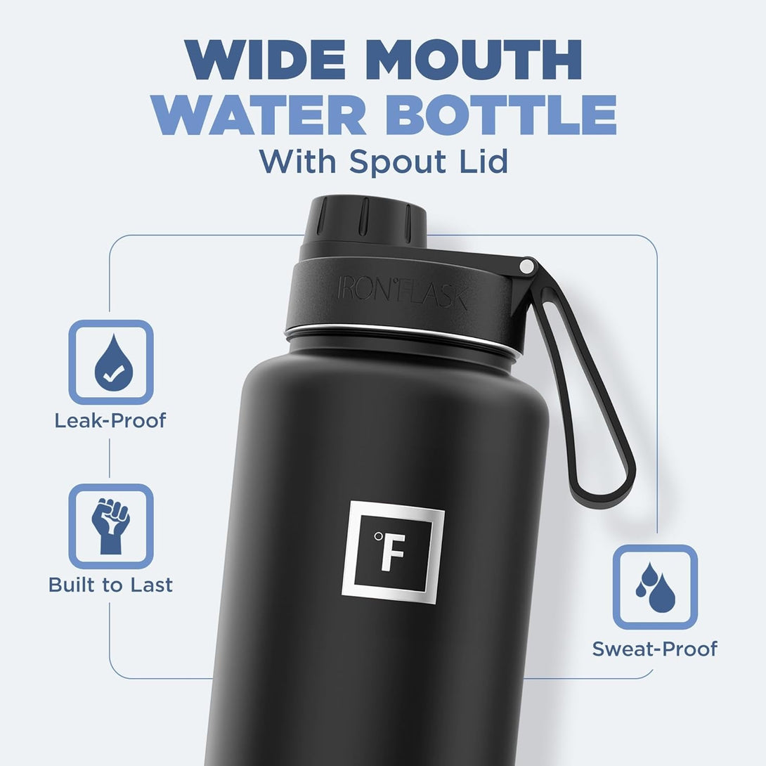IRON °FLASK Camping & Hiking Hydration Flask with 3 Lids - Stainless Steel, Double Walled & Vacuum Insulated Water Bottle - Leak Proof & BPA Free (Dark Night, Spout - 40 Oz)