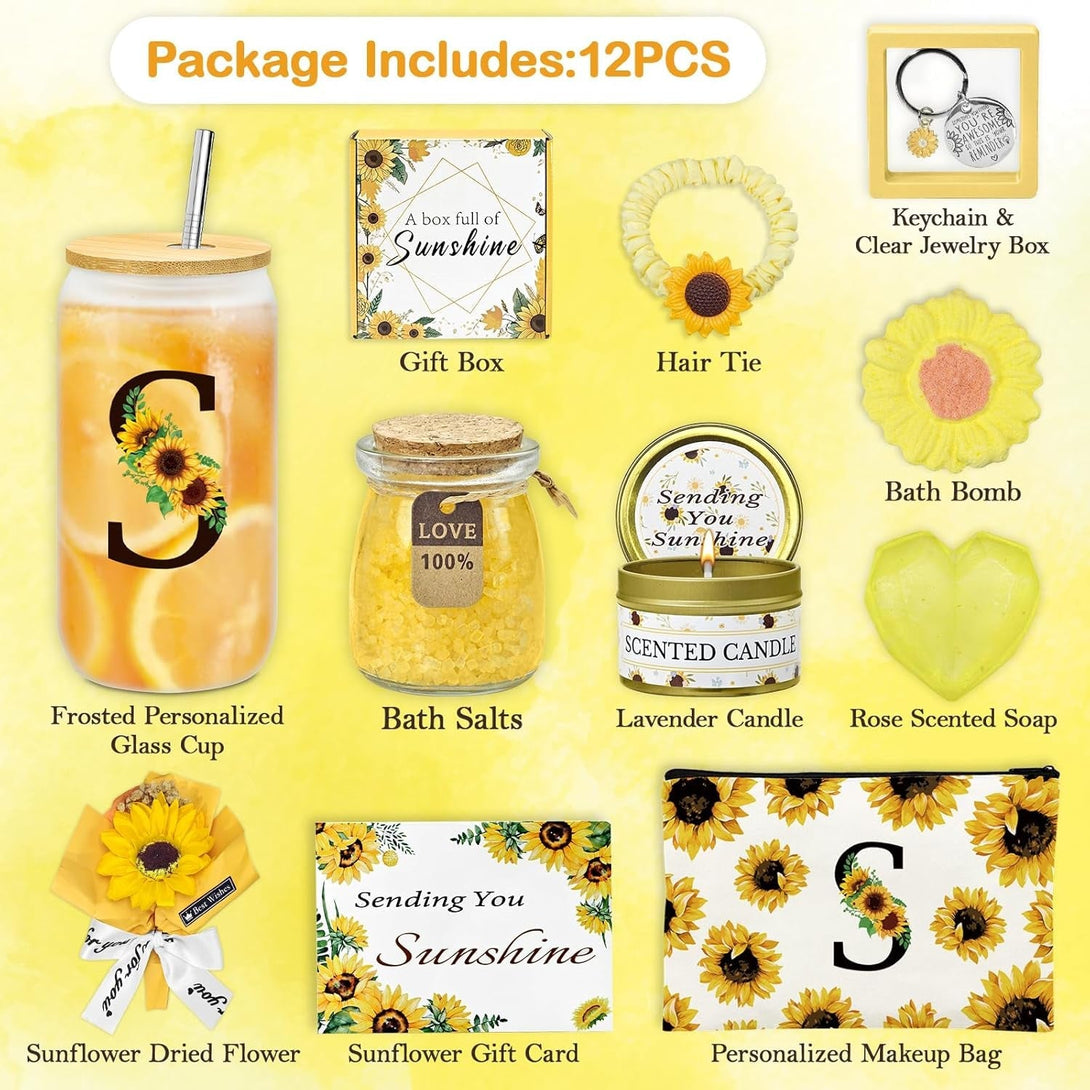 Sunflower Personalized Gifts for Women,12Pcs Sunflower Initial Gifts,Initial Glass Cup,Monogrammed Gifts for Women,Birthday Gifts for Women,Sunshine Get Well Gifts for Women,Mom-A-S