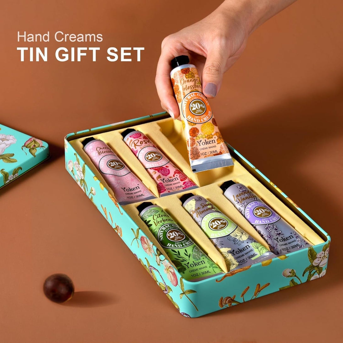 20% Shea Butter Hand Cream Gift Set, Instant Moisturizing Hand Cream for Women Dry Hands with Delicate Tin, Floral-Scented Hand Lotion 6 X 1 OZ