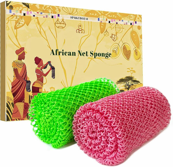 African Net Sponge Authentic, 2 Pieces African Exfoliating Sponge Real African Net Black Owned, African Bath Sponge Back Scrubber, Body Exfoliator Shower Bath Accessories (Green, Pink)