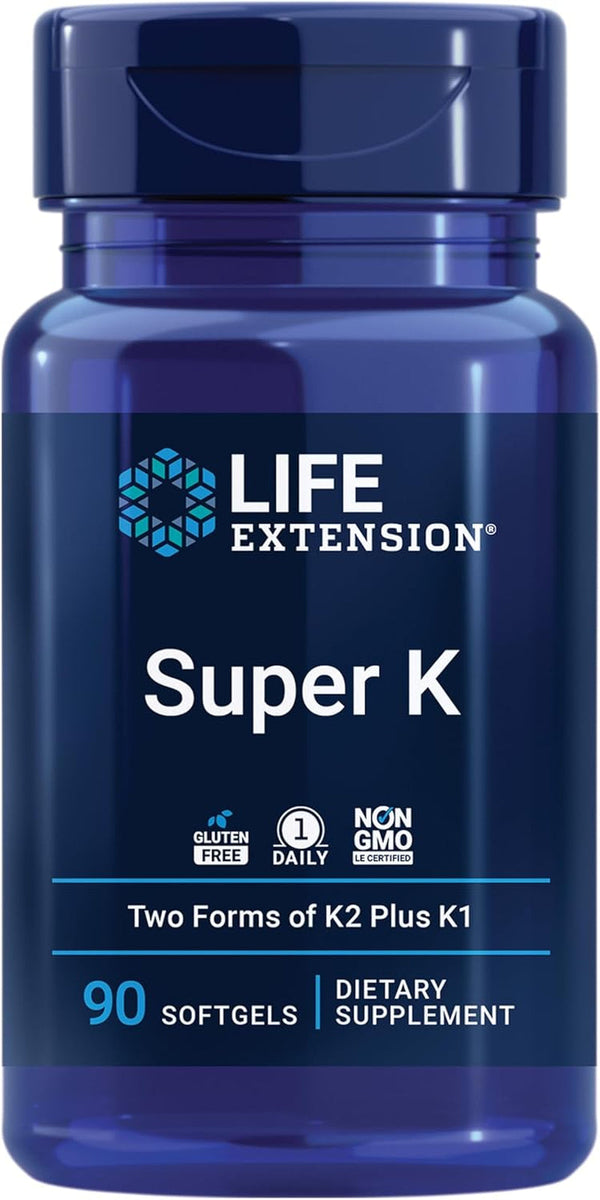 Life Extension Super K, Vitamin K1, Vitamin K2 Mk-7, Vitamin K2 Mk-4, Vitamin C, Bone/Heart/Arterial Health, 3-Month Supply, Gluten-Free, 1 Daily, Non-Gmo, 90 Softgels