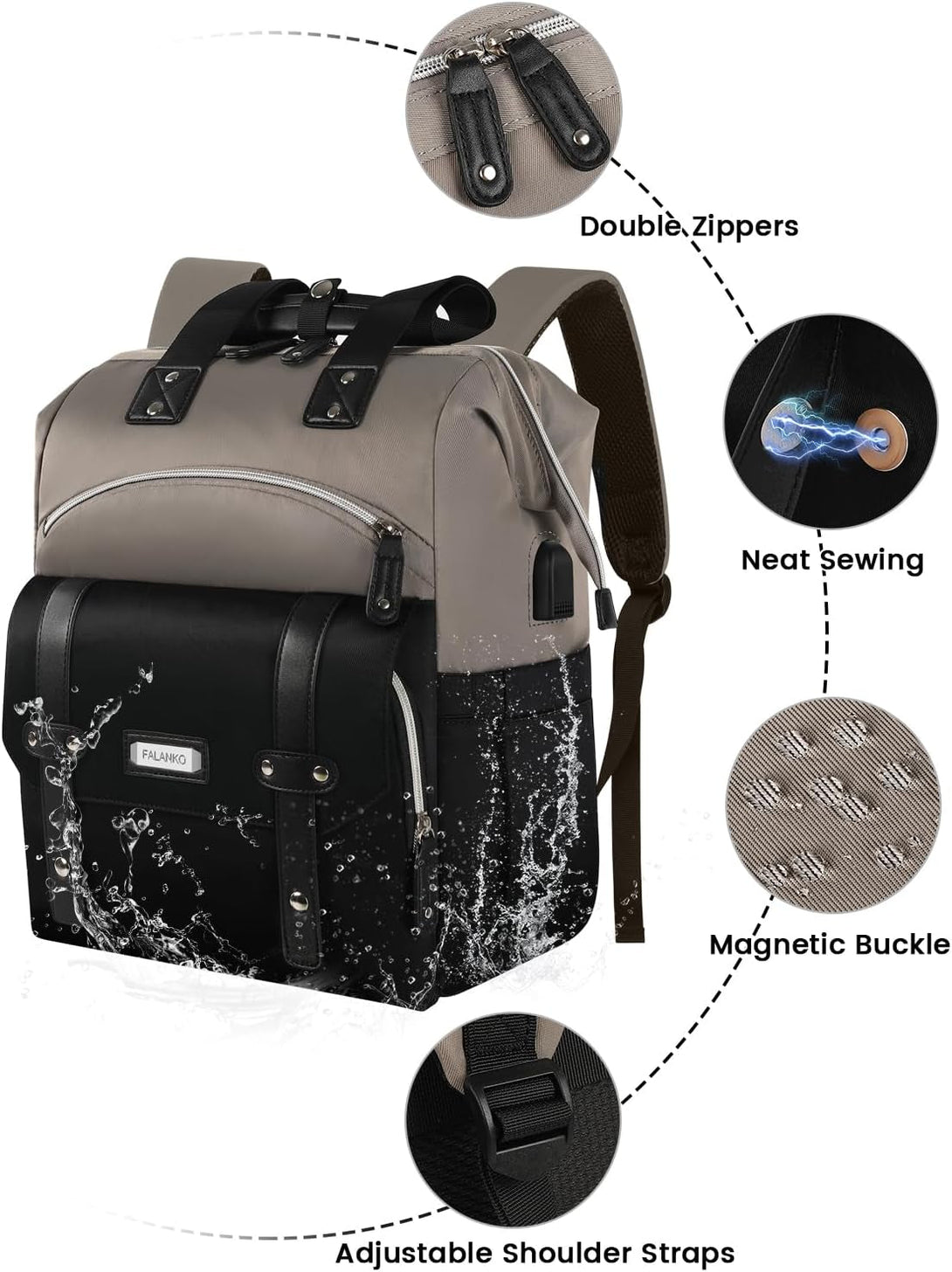 FALANKO Women Laptop Backpack, Doctor Nurse Teacher Work Adult Backpack for 15.6 Inch Laptop with RFID Anti-Theft USB Charging Port College Business Computer Bookbag Grey Black