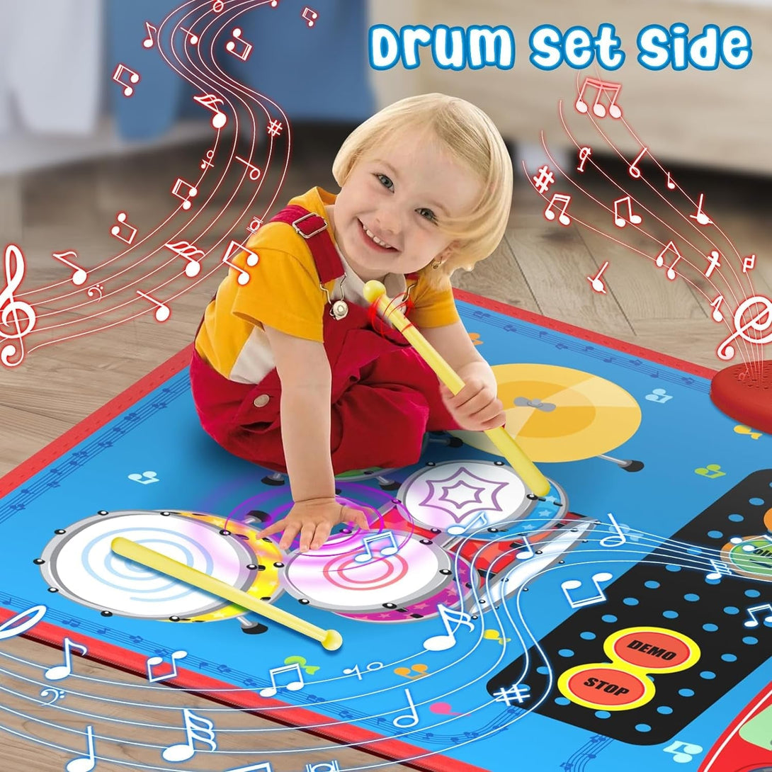 2-In-1 Musical Mat Toys for 1 2 3 4 5 Year Old, Piano Keyboard & Drum Set with 2 Drum Sticks, Early Educational Musical Learning Toys Birthday for 1 2 3 4 5 Year Old Boys & Girls, Blue