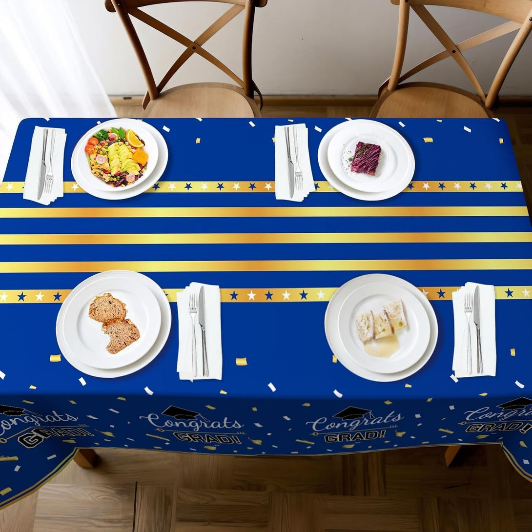Childom 3 Pack Graduation Tablecloth,Graduation Party Decorations 2025 Blue and Gold,54"X108" Disposable Plastic Table Cloth,Waterproof Plastic Disposable Tablecloth for Home,School,Party Supplies