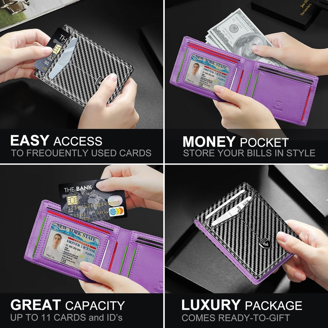 GSOIAX Slim Wallet for Men Leather Carbon Fiber RFID Blocking Minimalist Front Pocket Bifold Mens Wallet with ID Window,12 Credit Card Holders with Gift Box (Carbon Purple)