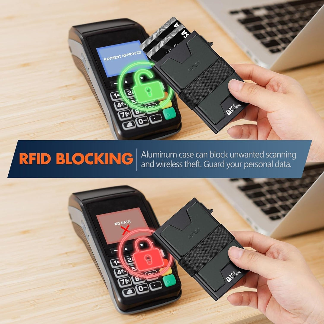 AUTLEY Slim Card Holder, Minimalist Pop up Wallet for Men, RFID Blocking Mens Wallet with Cash Band (Black)