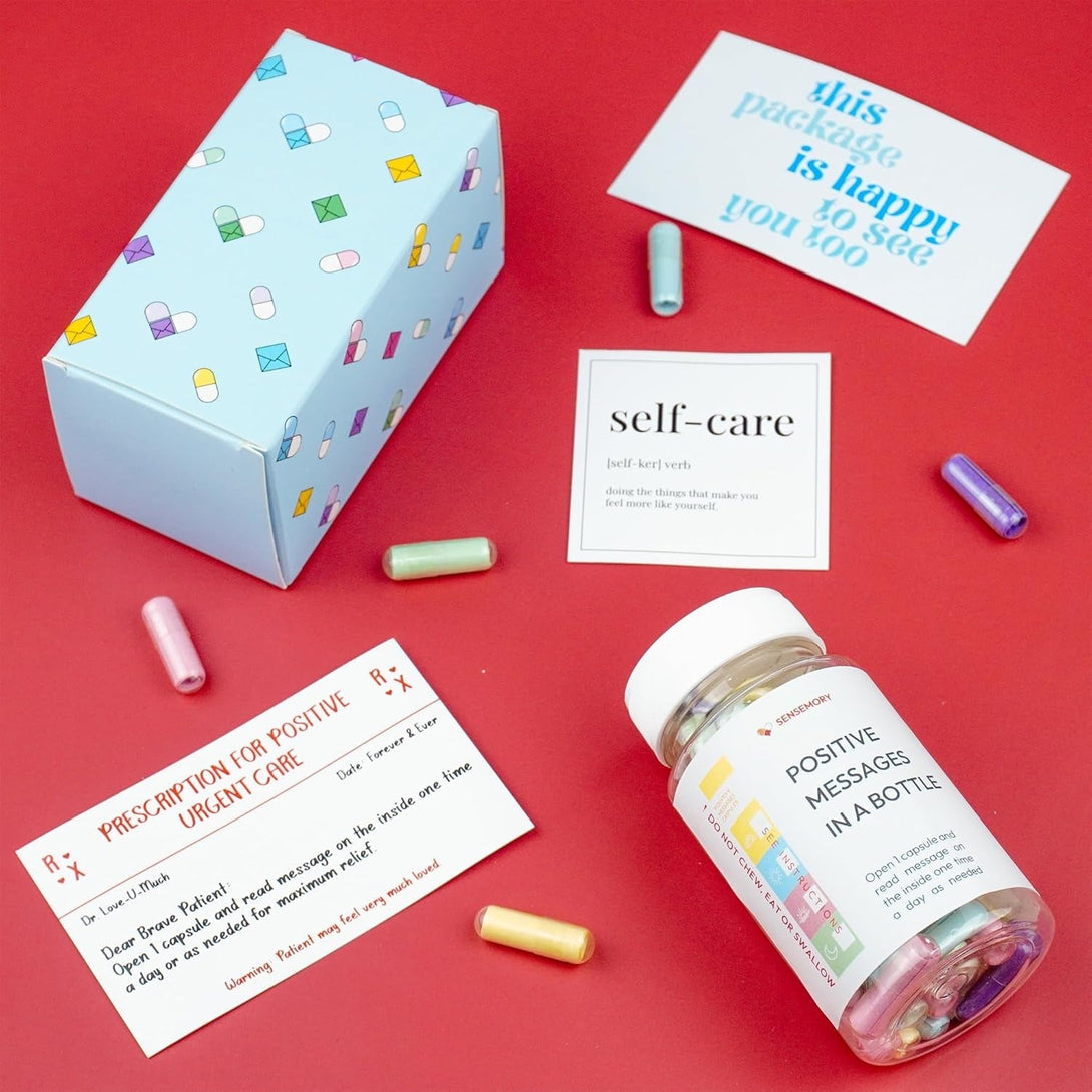 50 Positive Messages in a Bottle - Unique Stress Relief and Wellness Gifts for Men and Women - Desk Accessories for Meditation and Self Care - Xmas Gifts