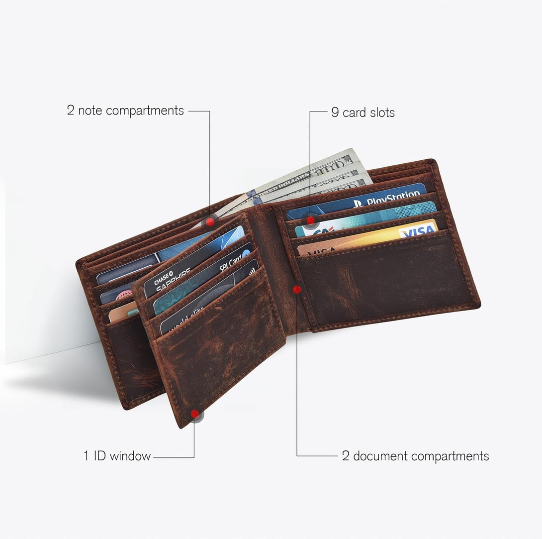 Oak Leathers Leather Wallet for Men - RFID Bifold Wallets with 9 Credit Cards 1 ID Window Slim Minimalist Front Pocket Gift for Men