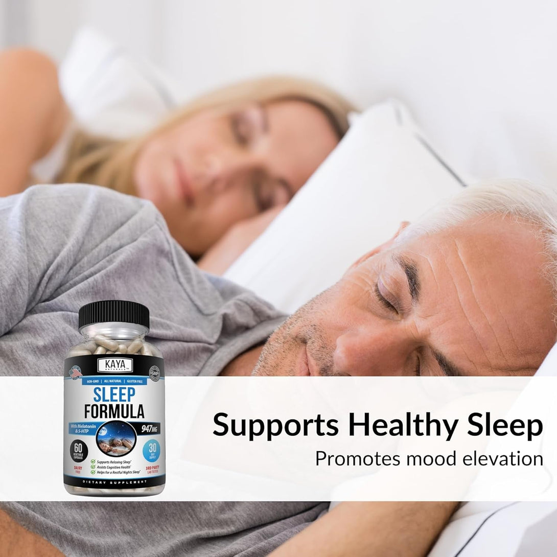 Kaya Naturals - Sleep Support Formula with Melatonin - Aid Support Vitamin Supplement - Sleep Stress and Mood Support - L-Tryptophan, Passion Flower, Ashwagandha and More - 60 Capsules (60 Count)