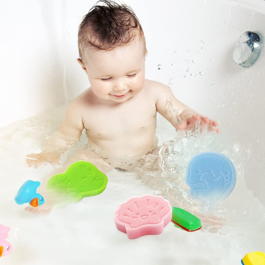 Baby Bath Sponge, Natural Cute Shapes Soft Shower Sponges for Bathing, Bathtub Foam for Infants and Toddler, 3Pcs : Blue Dolphin, Pink Shell, Green Turtle