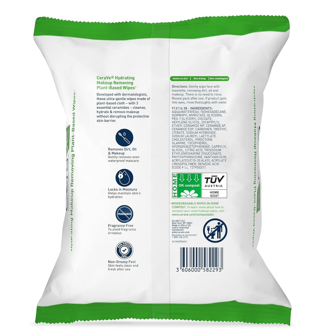 Cerave Hydrating Facial Cleansing Makeup Remover Wipes, Plant Based Face Wipes, Biodegradable in Home Compost, Face Wash Cloth, Suitable for Sensitive Skin, Fragrance-Free Non-Comedogenic, 25 Count