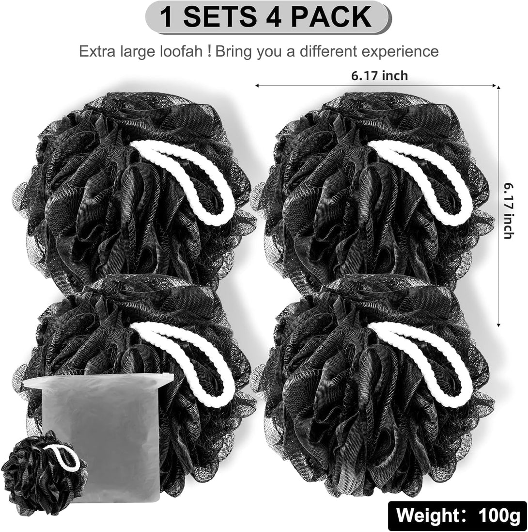 Loofah Sponge Xxl-100G 4 Pack, Bath Sponge Soft Mesh Shower Puff Loofah for Men, Exfoliating Body Scrubber for Women, Shower Accessories (Black)