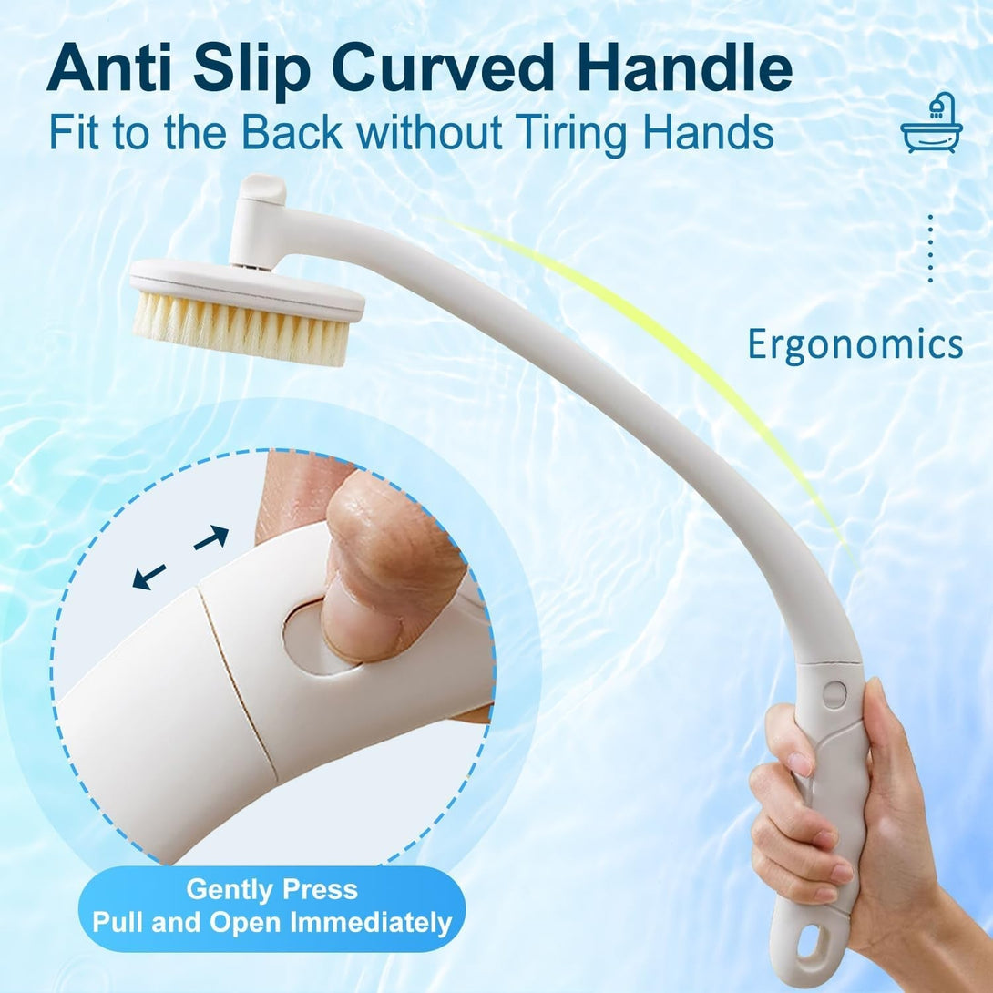 Celestite 20” Long Handle Shower Brush for Body, Back Scrubber for Shower with 3 Pcs Brush Heads, Exfoliation and Improved Skin Health Suitable for Women, Men, Elderly (White)