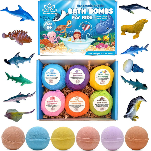 Made in USA Bath Bombs for Kids Surprise Toys inside SEA Animals - 36 Ocean Toys like Shark or Jellyfish | Natural Safe Bath Bombs Gift Set for Girls & Boys - Multicolored Organic Bubble Bath