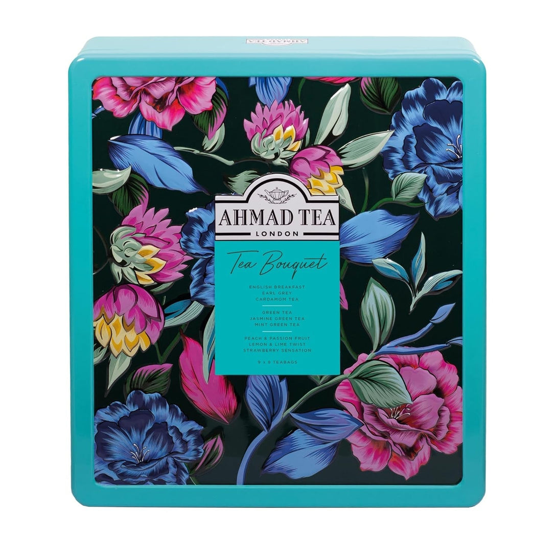 Ahmad Tea Floral Tea Tin Gift, Blue Caddy, 72 Tea Bags, Our Most Popular Black and Green Tea Assortment