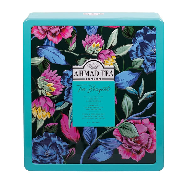 Ahmad Tea Floral Tea Tin Gift, Blue Caddy, 72 Tea Bags, Our Most Popular Black and Green Tea Assortment