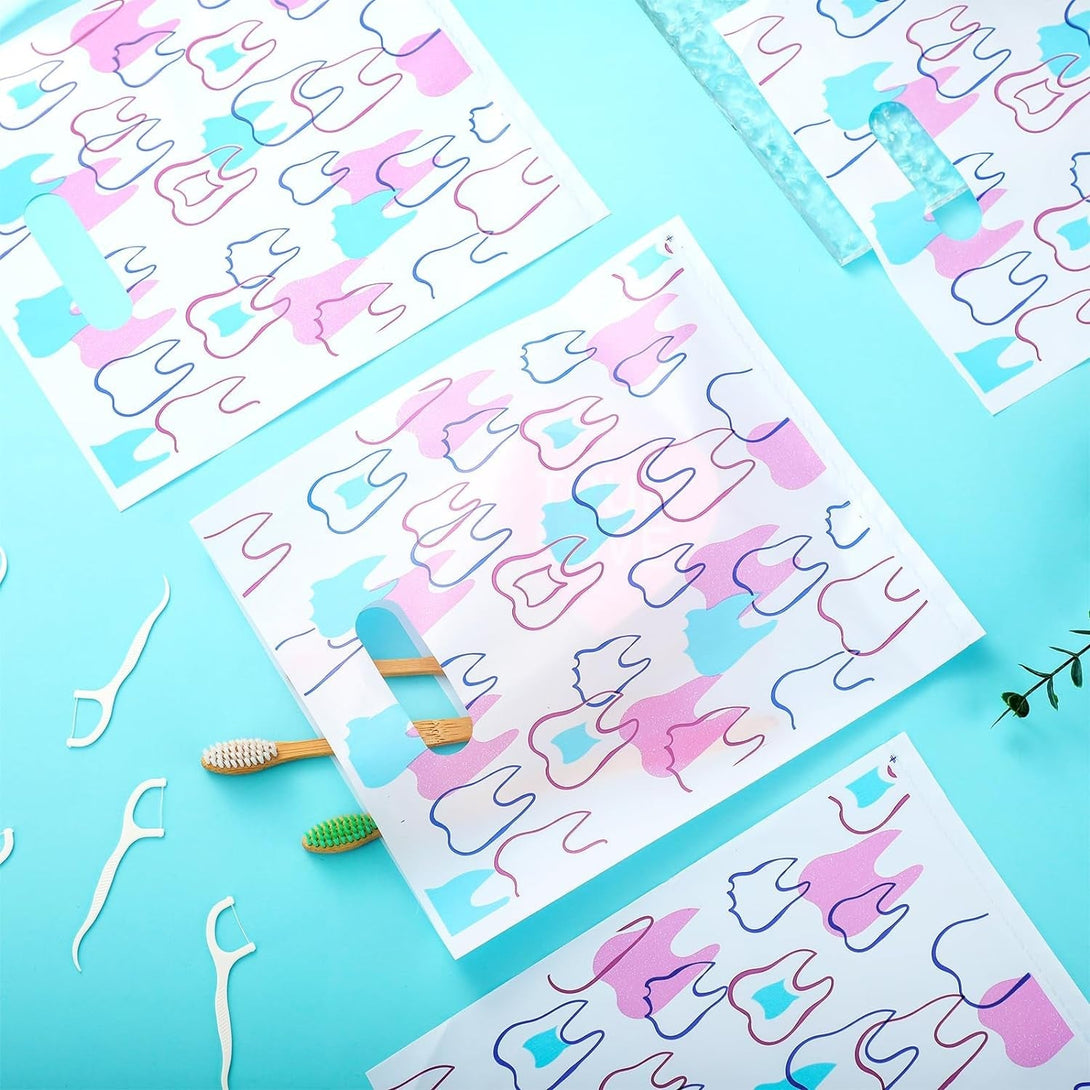 Aliceset 300 Pcs Tooth Merchandise Bags with Handles Plastic Dental Bags for Patients Dental Gifts Bulk for Dentist Office Goodie Packaging Appreciation Gifts Retail Party Favor, 8.27X9.45In (Stylish)