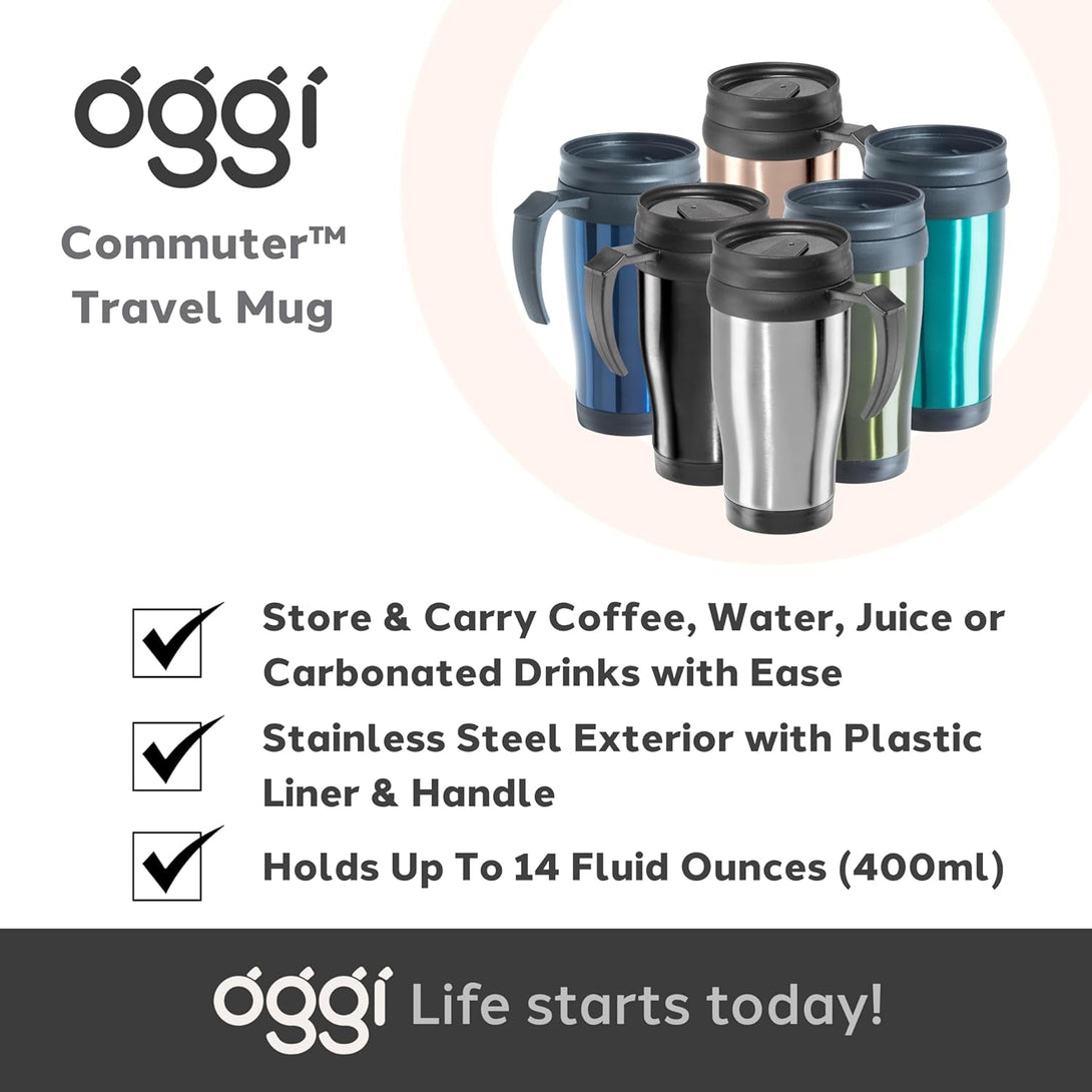 Oggi Commuter Travel Mug 14Oz - Insulated Coffee Mug, Thermal Stainless Steel with Easy Grip Tumbler Handle - Peacock