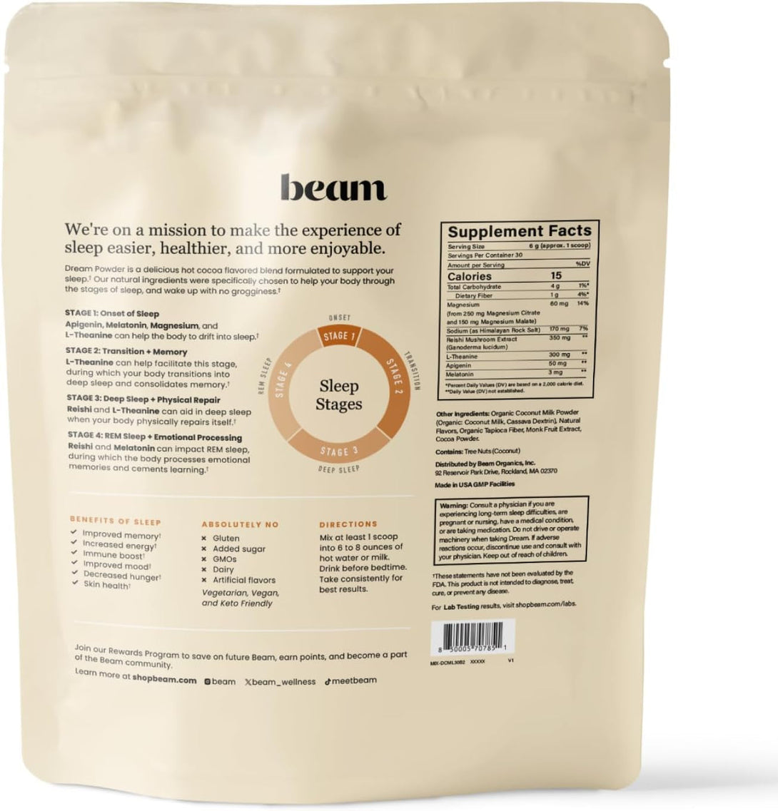 Beam Dream Sleep Powder, Natural Sleep Aid and Magnesium Hot Cocoa Drink for Adults, Calming Sleep Supplement with Apigenin, Nighttime Sleep Drink Powder, Third Party Tested Supplement, 30 Servings