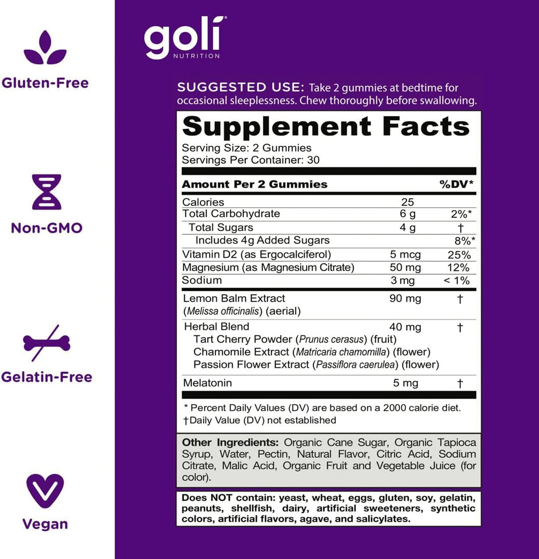 Goli Dreamy Sleep Gummy - 60 Count - Melatonin, Vitamin D, Magnesium, and Lemon Balm Extract - Gelatin-Free, Gluten-Free, Vegan & Non-Gmo